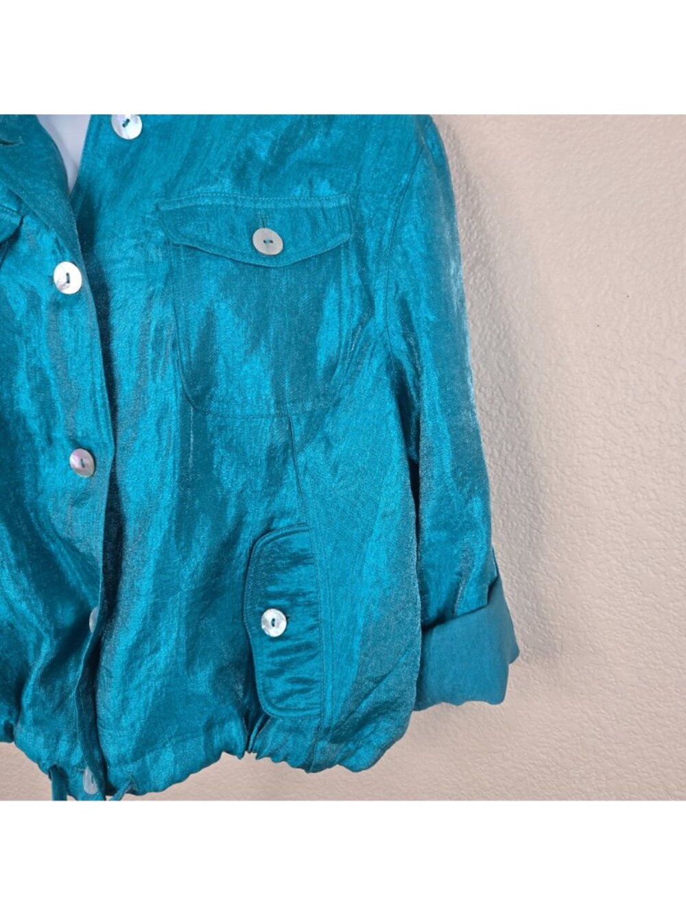 Vintage 90s Teal Blue Button-Up Drawstring Jacket Womens L Metallic Cropped - Picture 4 of 8